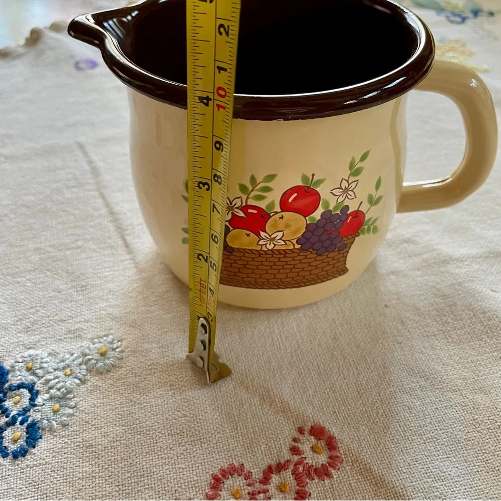 Vintage FTD Metal 3 Cup Enamelware Pitcher. Cream Color w/ Basket of Fruit